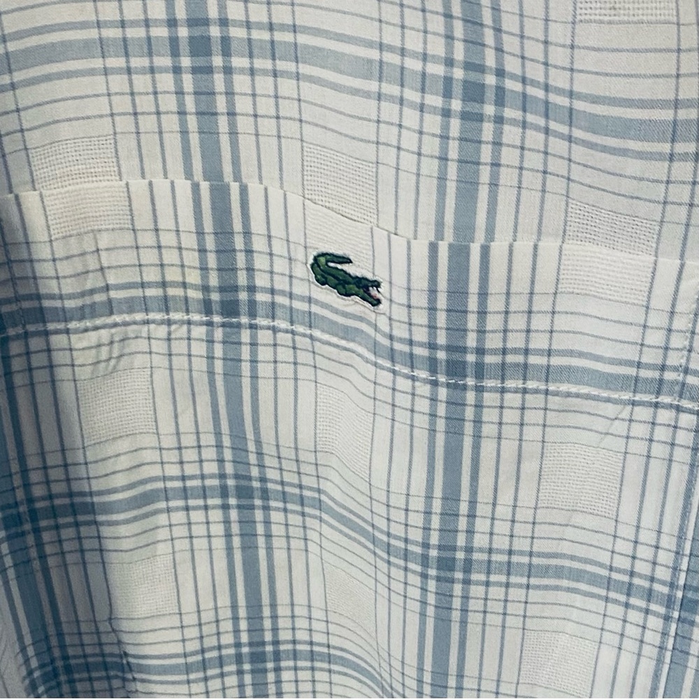 LACOSTE MENS CASUAL BUTTON DOWN SHIRT. BLUE WHITE PLAID SZ 44 P 25 LENGTH 32 EUC - Picture 4 of 6